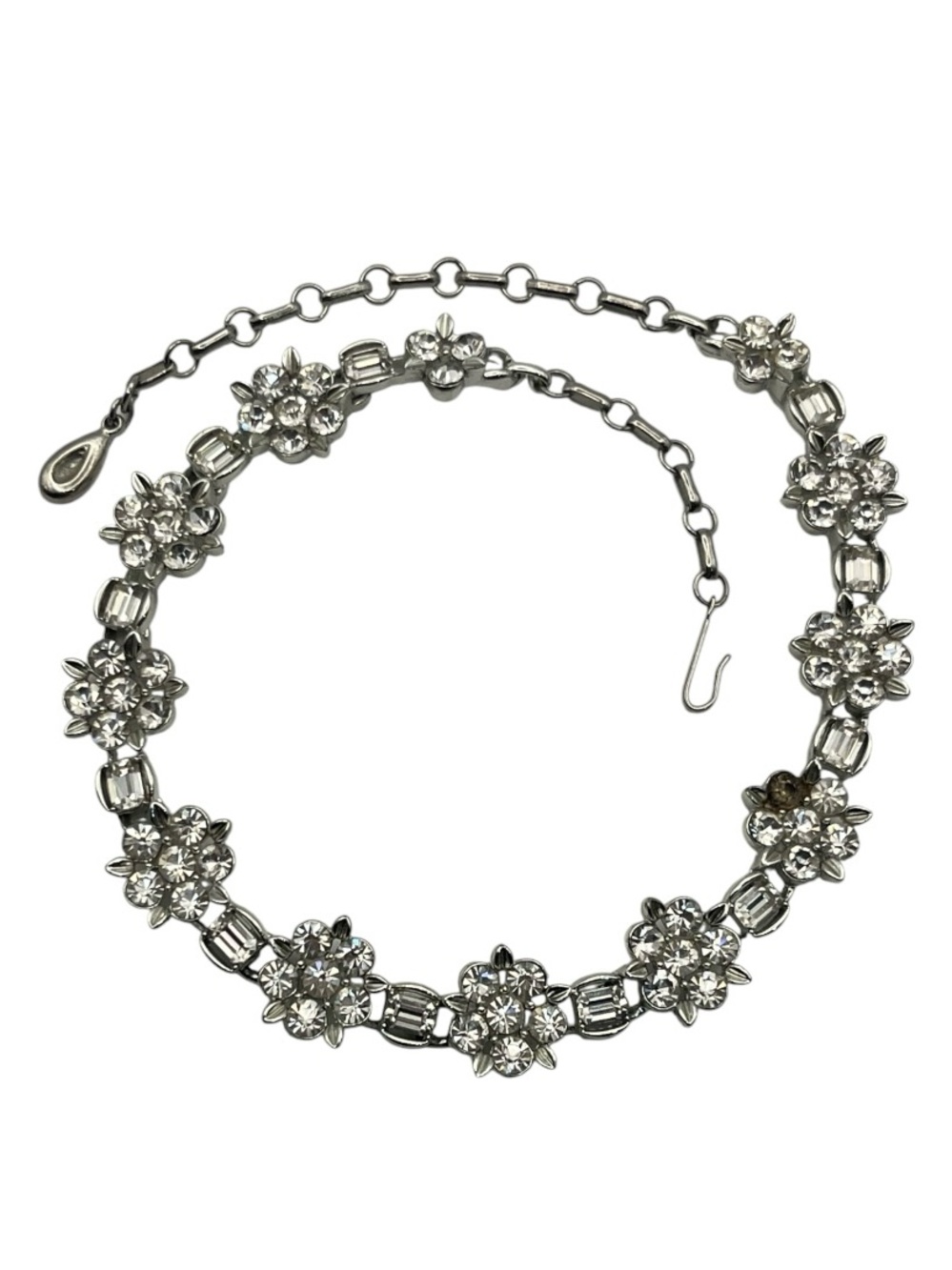 Lisner silver tone clear rhinestone flower cluster baguette tennis necklace